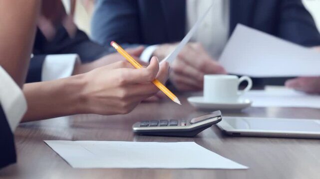 Business partners coworkers working discussing together in boardroom, brainstorming, discussing, report, analyzing and planning market strategy doing paperwork analysis in office