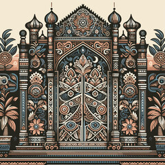 A colorful, ornate door with a tree on it