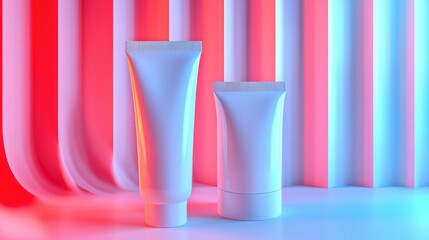 Cosmetic tubes, neon background, product display, studio shot, advertising