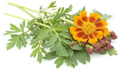 Marigold Flower Surrounded by Lush Green Leaves and Buds on a White Background