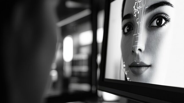 An AI powered facial expression recognition system analyzing emotions during virtual meetings for improved communication, Communication technology style, photo of