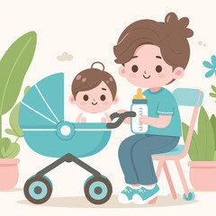 A man is holding a baby in a stroller and feeding it from a bottle