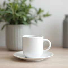 Elegant White Cup on Wooden Table with Scandinavian Interior and Small Plant &ndash; Perfect for Branding Mockups  

