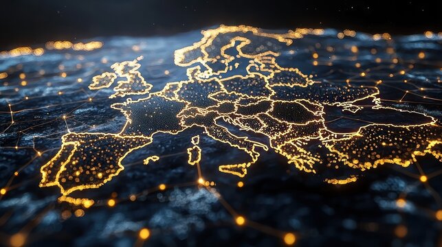 Europe's digital network, glowing connections, global communication, night view, data visualization, website banner