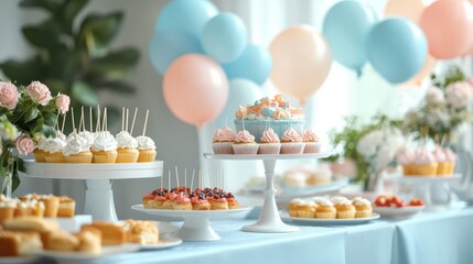A party planner organizing decorations and catering for a birthday party, with balloons, gifts, and food platters on display