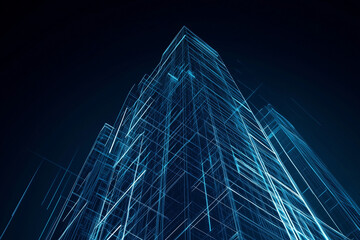 Abstract digital skyscraper illustration with glowing lines and geometric shapes against a dark background