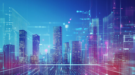 Fototapeta premium Futuristic city skyline with digital overlay and vibrant neon colors resembling augmented reality 