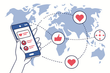 100 Social media influence, global connectivity, Facebook app on smartphone, hand holding phone, world map background, likes and hearts icons, magnetic attraction, viral content spread, blue digital i