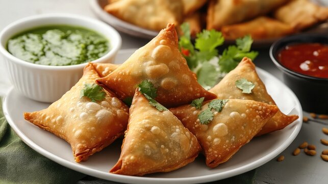 Arranged artfully on a white plate, samosas showcase culinary delights, accompanied by vibrant green chutney, tangy tamarind sauce, and cumin seeds.
