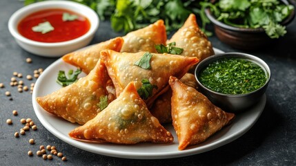 Artfully arranged on a white plate, samosas accompanied by vibrant green chutney, tangy tamarind sauce, and cumin seeds showcase culinary delights.