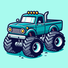 A cartoon truck with a big tire and a big head