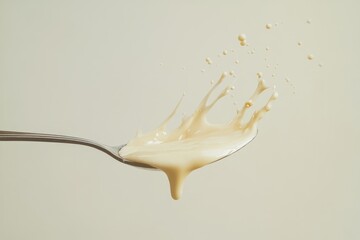 Creamy liquid splashing from a spoon, creating a dynamic and delicious visual.