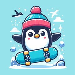 A cartoon penguin wearing a hat and holding a skateboard