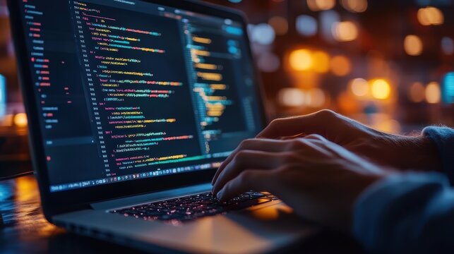 A web designer coding a website on a laptop, with a browser window displaying web designs and user interfaces