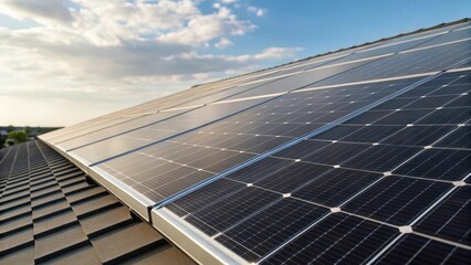 Obraz premium Solar panels on a house roof generating renewable energy under a sunny sky