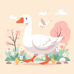 A cartoon duck is walking with two baby ducks in a field