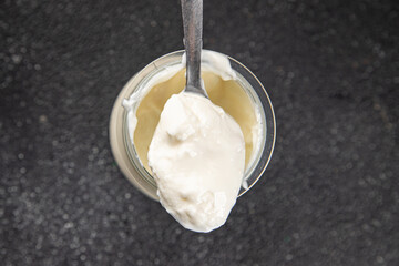Skyr white yogurt appetizer dish fresh delicious gourmet food background on table rustic food top view copy space keto and paleo diet vegetarian food
