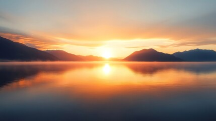 Golden sunrise illuminating misty lake and majestic mountains