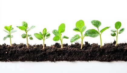 A row of seedlings planted in soil, varying in size to show different growth stages, pure white background, dark brown soil, minimalist composition, emphasizing plant vitality and growth process