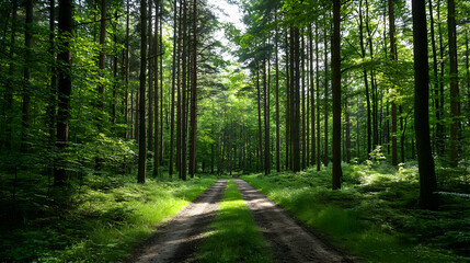 Obraz premium Lush Green Forest Path With Sunlight Filtering Through Tall Trees During Daytime Scene