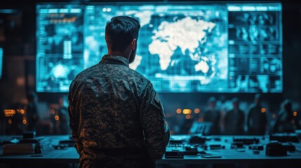 A military strategist briefing the team on tactical plans, with maps, charts, and a large screen displaying military strategy