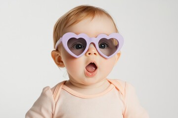 Adorable baby girl with heart-shaped sunglasses, expressing surprise and awe.