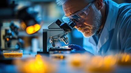 A biologist observing microorganisms through a microscope in a laboratory, with petri dishes and samples on the table