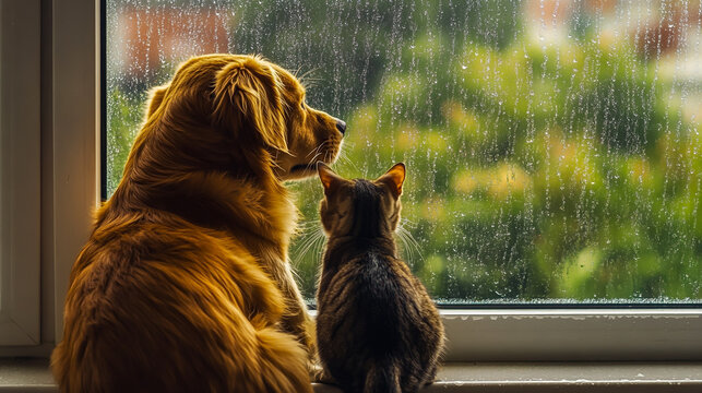 Golden retriever dog and tabby cat watching rain outside window animal friendship cute pets rainy weather