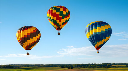 Obraz premium Three Colorful Hot Air Balloons Soaring High Against Blue Sky Above Green Landscape