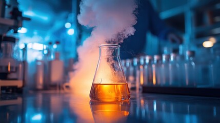 A chemist mixing substances in a beaker, with chemical vapors rising and laboratory glassware in a controlled setting