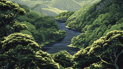 River flows through lush green valley.