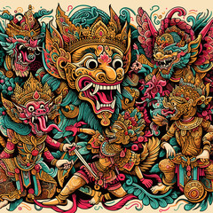 A colorful painting of a group of people with one of them holding a sword