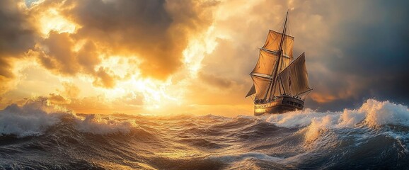 A Historical Sailing Ship Navigating Stormy Seas Under a Dramatic Sunset Sky
