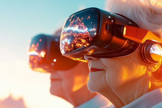 Elderly individuals using virtual reality headsets, deeply engaged in immersive experiences. Colorful sunset illuminating their faces. Concept of technology, seniors gaming, virtual experiences