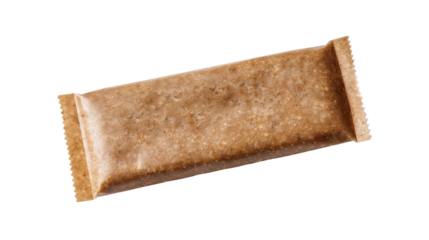 One protein bar in a sealed package is laying on a transparent background