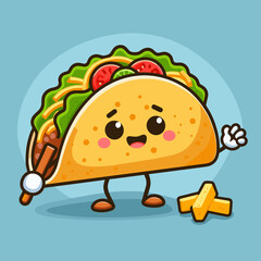 A cartoon taco is holding a french fry in its hand