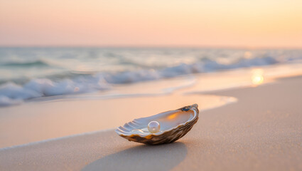 A simple yet elegant coastal sunset scene, with a delicate oyster shell resting on a smooth, sandy beach. The pearl inside glows subtly under the warm hues of the setting sun. The ocean waves are soft
