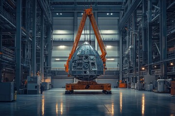 A large spacecraft capsule is being lifted and transported inside a massive industrial facility.