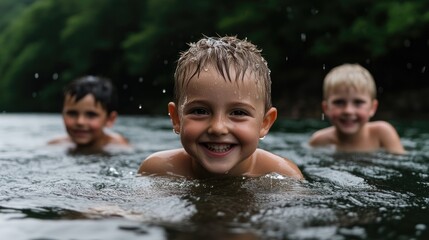 Fototapeta premium Three boys joyfully swim in a cool, natural river. Sunlight plays on their happy faces