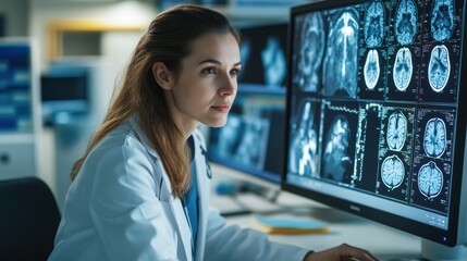A researcher studying medical images on a computer, analyzing CT scans, MRIs, and X-rays in a lab environment
