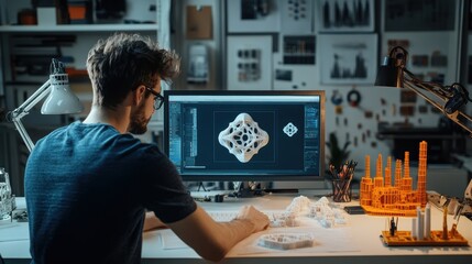 A mechanical engineer working with a 3D printer, designing prototypes with CAD software and printed models on the desk
