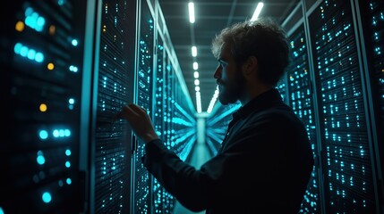Person working intently on server racks in a data center  