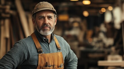 Craftsman in Carpentry Gear Standing Calmly in Workshop  