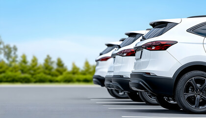 Row of white SUVs parked in an open-air lot on a sunny day, shallow depth of field