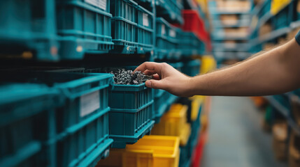 Workers organizing small hardware into plastic bins in a warehouse  