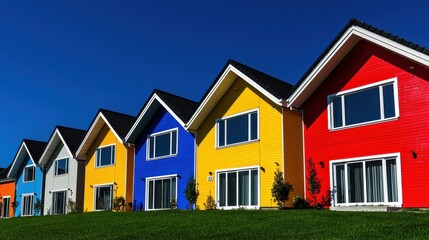 Vibrant Row of Colorful Houses Against Clear Blue Sky