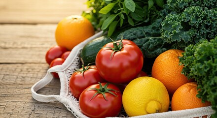 Fresh organic produce with tomatoes and citrus fruits on rustic wooden table