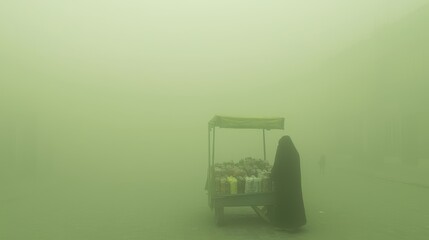 Woman in Black Cloak at Market Stall in Foggy Environment