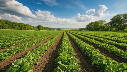Obraz premium A vast farmland with neatly arranged green vegetables, fields stretching to the horizon, blue sky with white clouds in the background, sunlight casting over the fields