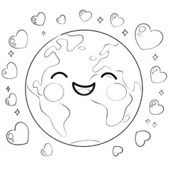 Adorable line art of a smiling Earth surrounded by hearts and sparkles, symbolizing love for the planet, unity, and environmental care.